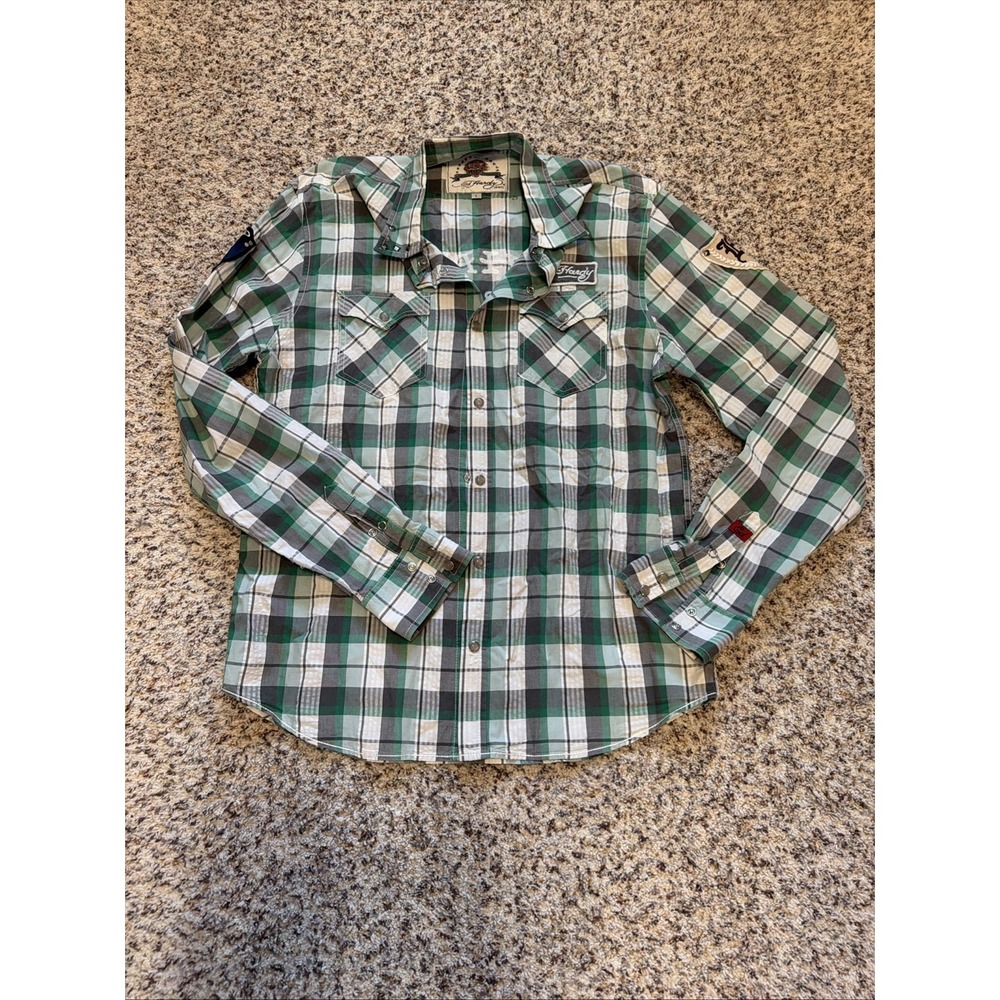 Ed Hardy Shirt Mens Sz L Green Plaid Snap Button Up Western Cowboy Pocket Adult